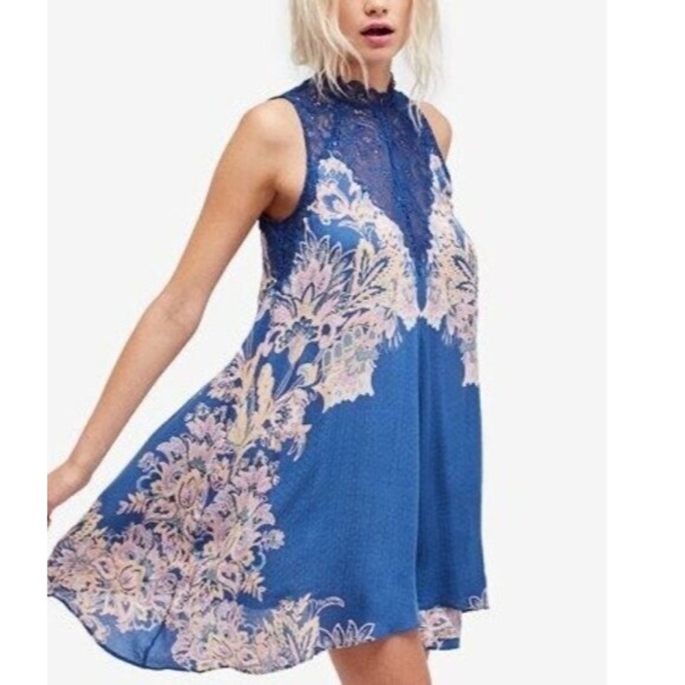 Intimately Free People Marsha Lace Slip Dress Blue Floral Mini Small Unlined - Picture 4 of 13